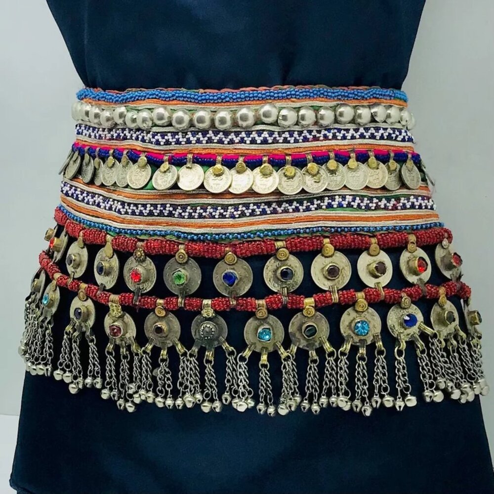 Vintage Kuchi Belly Dance Belt: Afghan Coins & Glass Stones - Picture 1 of 12